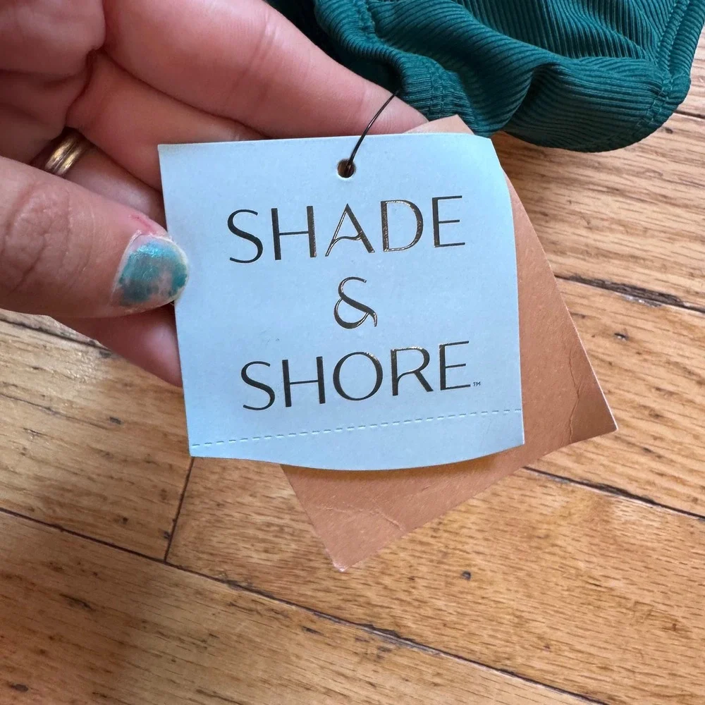 Shade & Shore Dark Green Ribbed Front Tie Bikini Top Removable Pads Medium 8-10